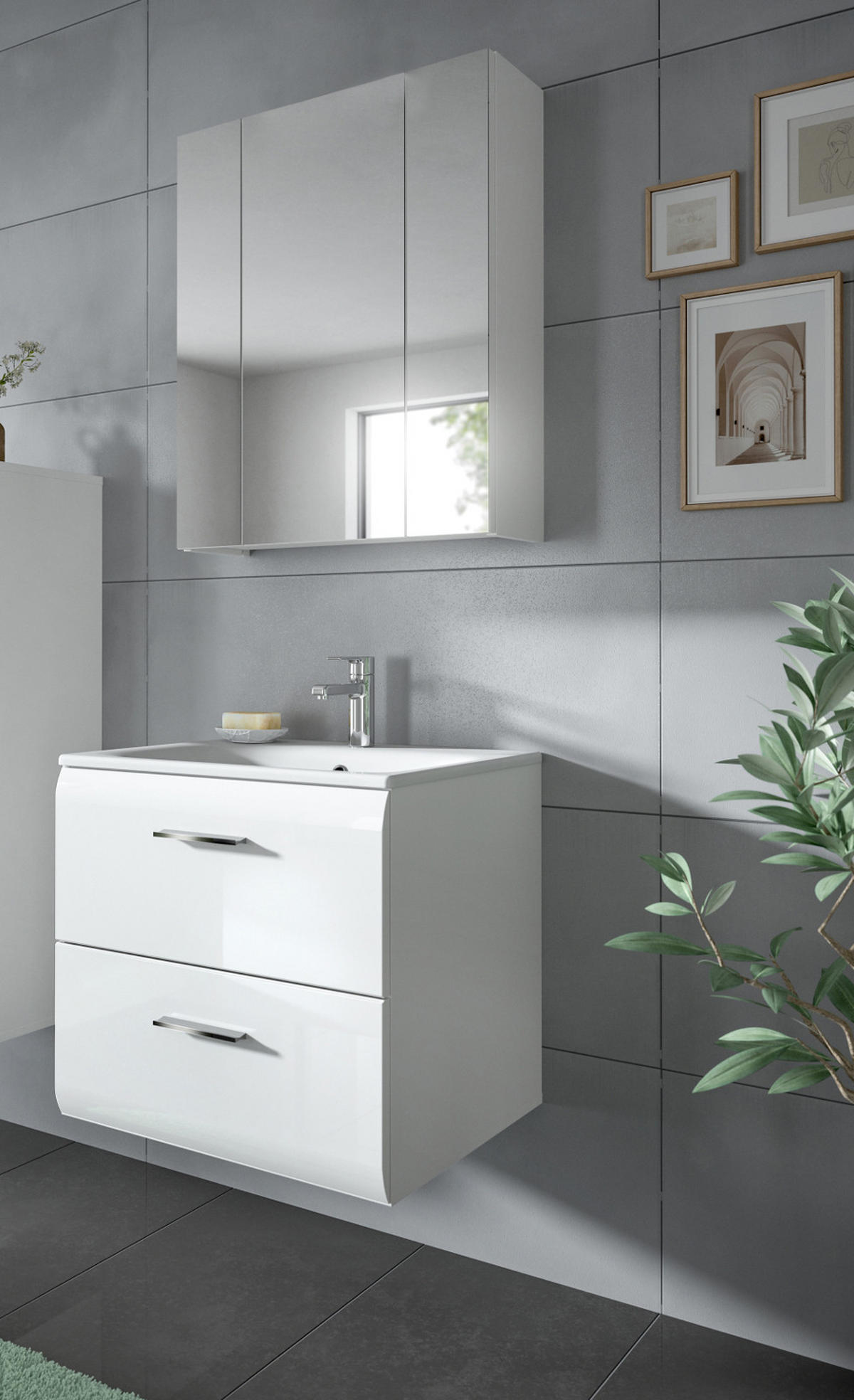 BADMÖBEL SET 2-teilig in weiß Hochglanz inkl. Waschbecken 60 x 185 cm Cover - Weiß Hochglanz/Silberfarben, Holzwerkstoff/Kunststoff (60/185/46cm) - Inn.Furn