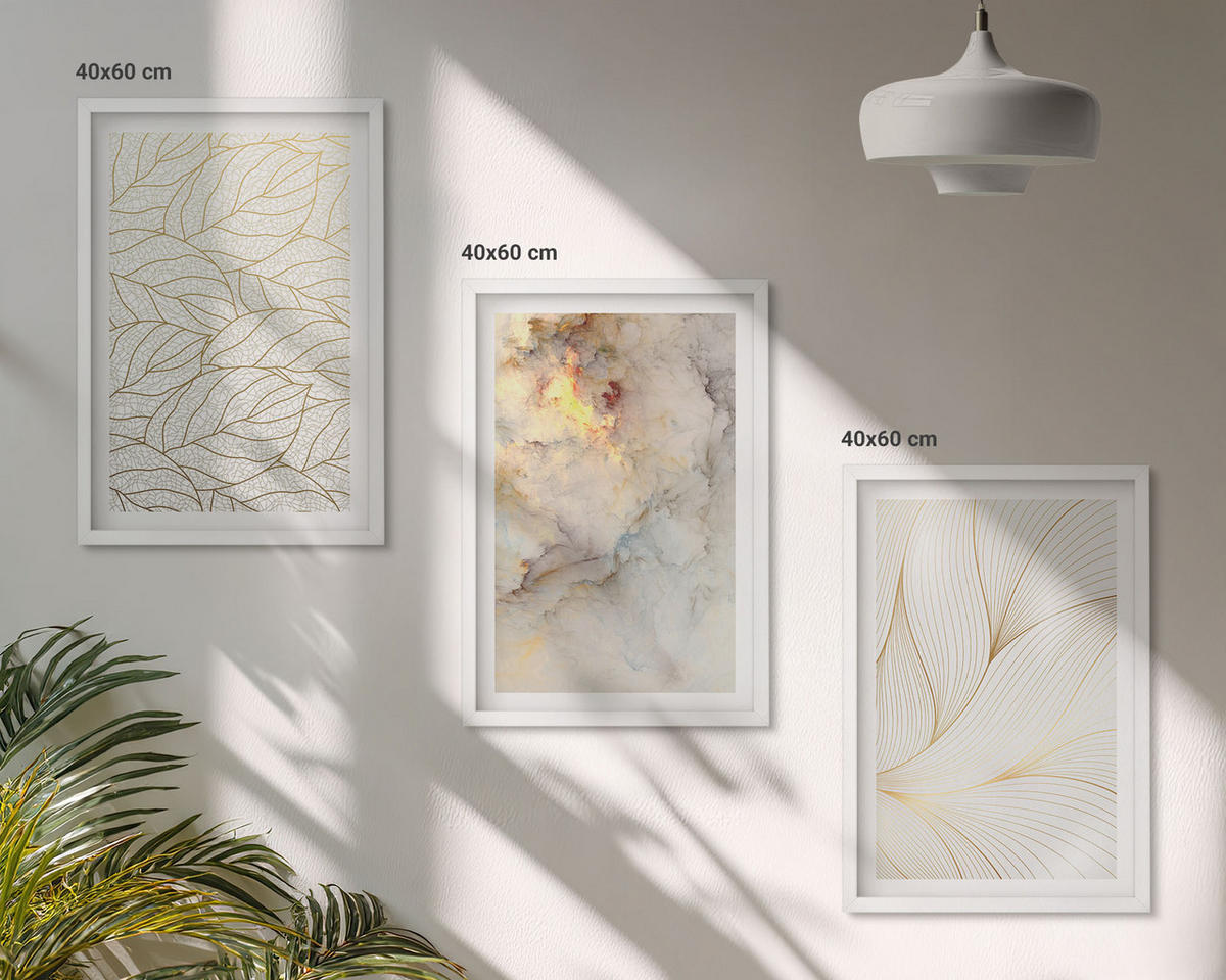 WANDBILDER 3er-Set - 40x60 cm Weißer Rahmen - Blättermuster Marmor abstrakt - Weiß, Kunststoff (40/60cm) - ArtPrintCave