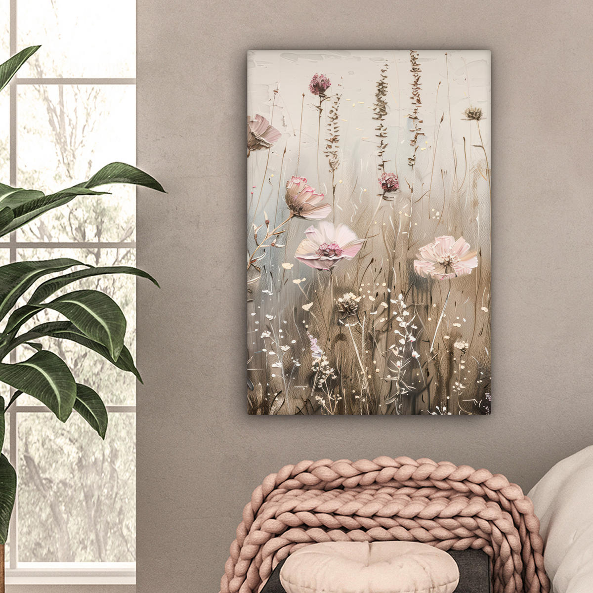 LEINWANDBILD Blumen - Rosa - Modern - Beige Wanddeko Schlafzimmer 60x90 cm - Beige, Textil (60/90cm) - MuchoWow