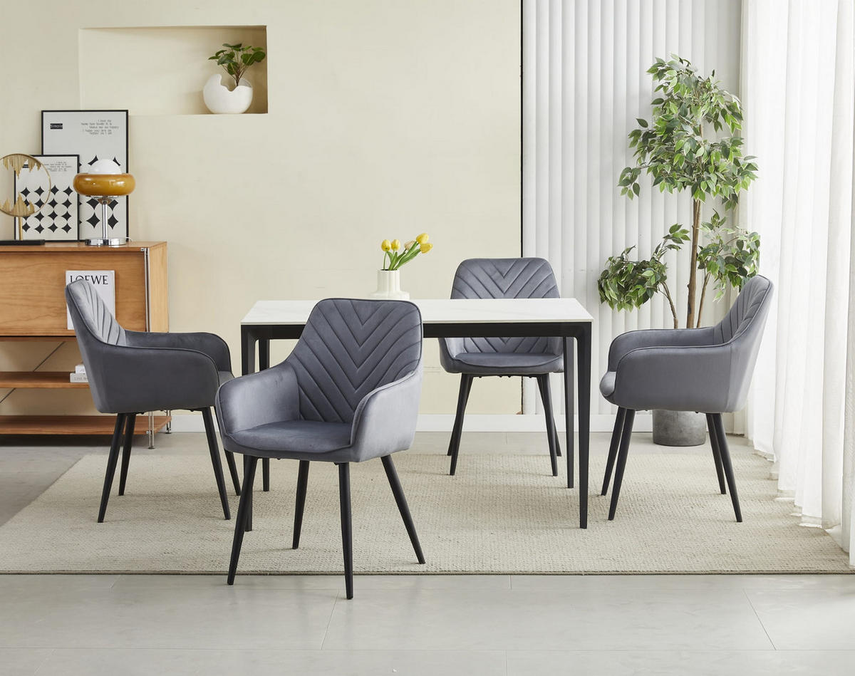 STUHL NEMI 6-er Set, Grau, Schwarz, mit Samtstoff gepolstert - Anthrazit, Textil/Metall (54/84/61cm) - Komodee