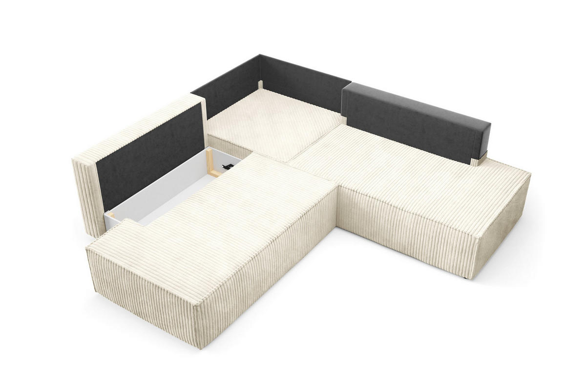 ECKSOFA TESSO II R-S Creme Kordstoff mit Schlaffunktion - Creme, Holz (254/254cm) - MASSENO