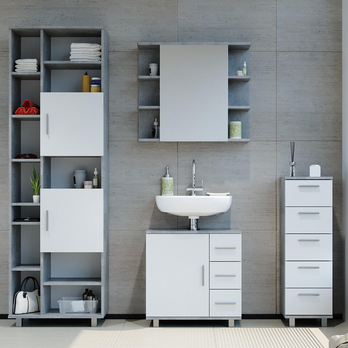 BADMÖBEL-SET Ilias Beton 4 Teile - Schieferfarben/Weiß, Holzwerkstoff (60/60/33cm) - Vicco