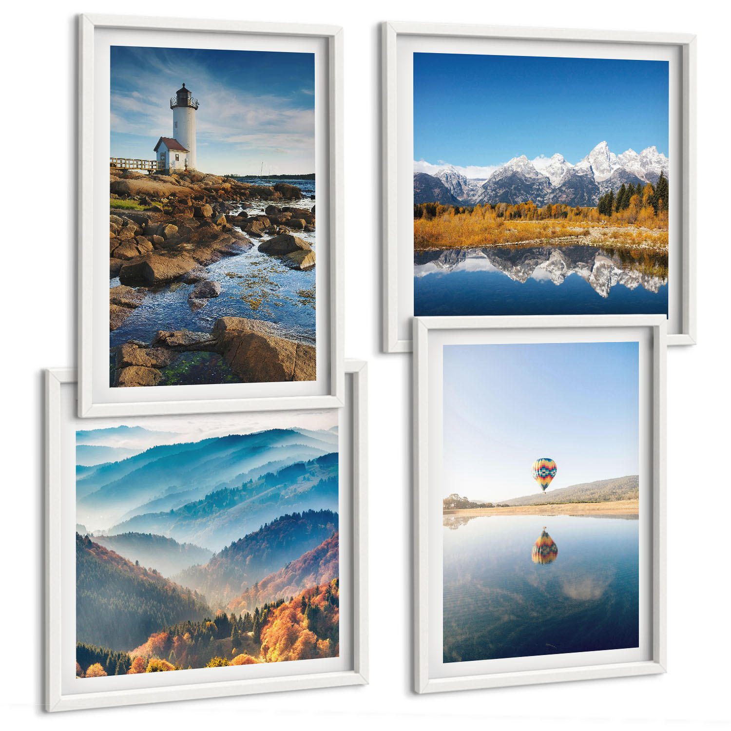 BILDER SET 4er Set - 50x50 cm & 40x60 cm Weißer Rahmen - Ausblicke auf die Natur, Leuchtturm, Berge - Weiß, Kunststoff (50/50cm) - TULUP