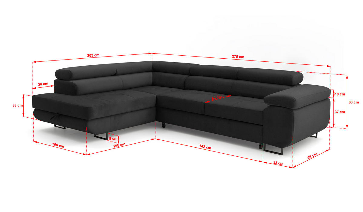 ECKSOFA Velmo mit Bettkasten und Schlaffunktion, verstellbaren Kopfstützen, in L-Form - Dunkelgrau, Textil (275/203cm)