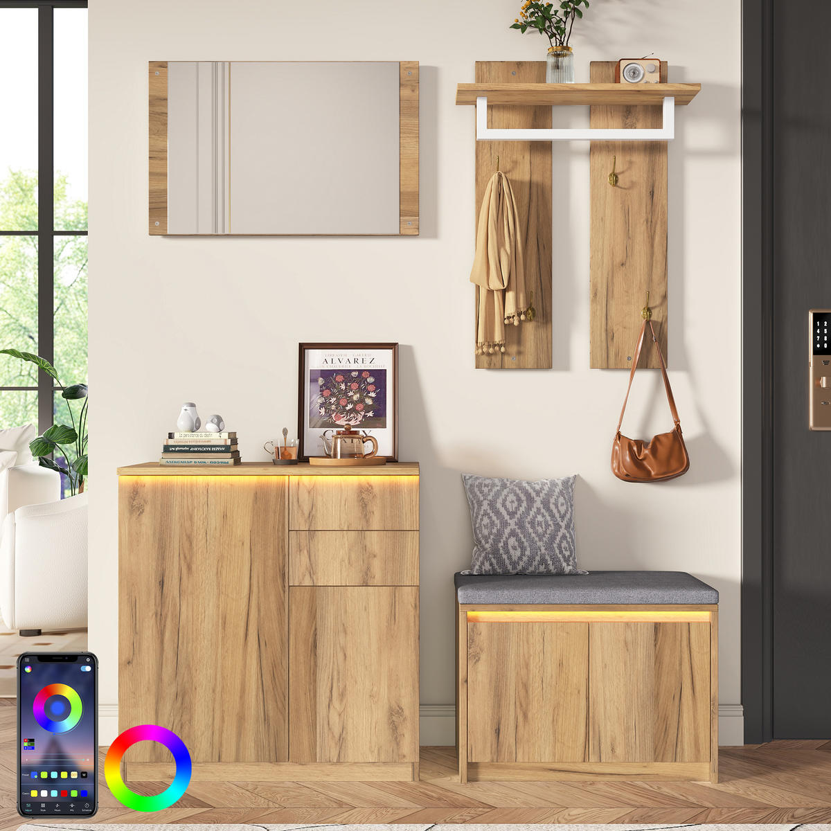 GARDEROBE 130x35x124.5cm mit Spiegel, LED und Schuhbank - Naturfarben, Holzwerkstoff (130/124.5/35cm) - FLIEKS