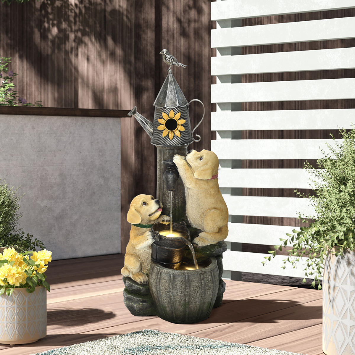 POLYRESIN-GARTENBRUNNEN,2 Hündchen+Vogelhaus,90x38x34cm,Garten/Balkon/Terrasse - Grau, Kunststoff (34/38/90cm)