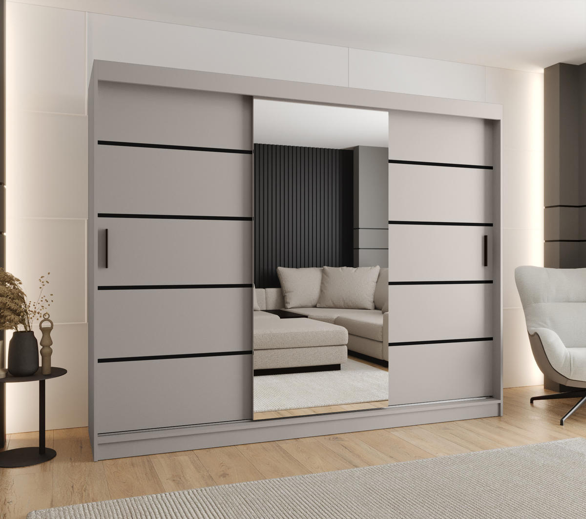 ŠATNÍ skříň s posuvnými dveřmi 200/250/62 3dveřová - černá/kašmírová, dřevo/plast (250/200/62cm)