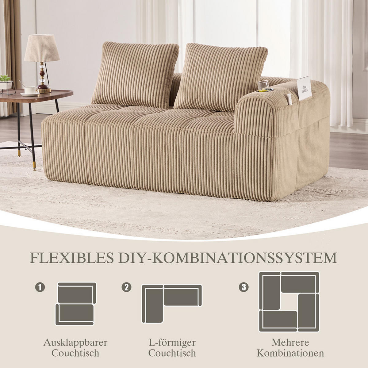 2-SITZER-SOFA Cordstoff 158x93x61cm Mit Becherhalter - Hellbraun, Textil (93/61/158cm) - Raelunyi