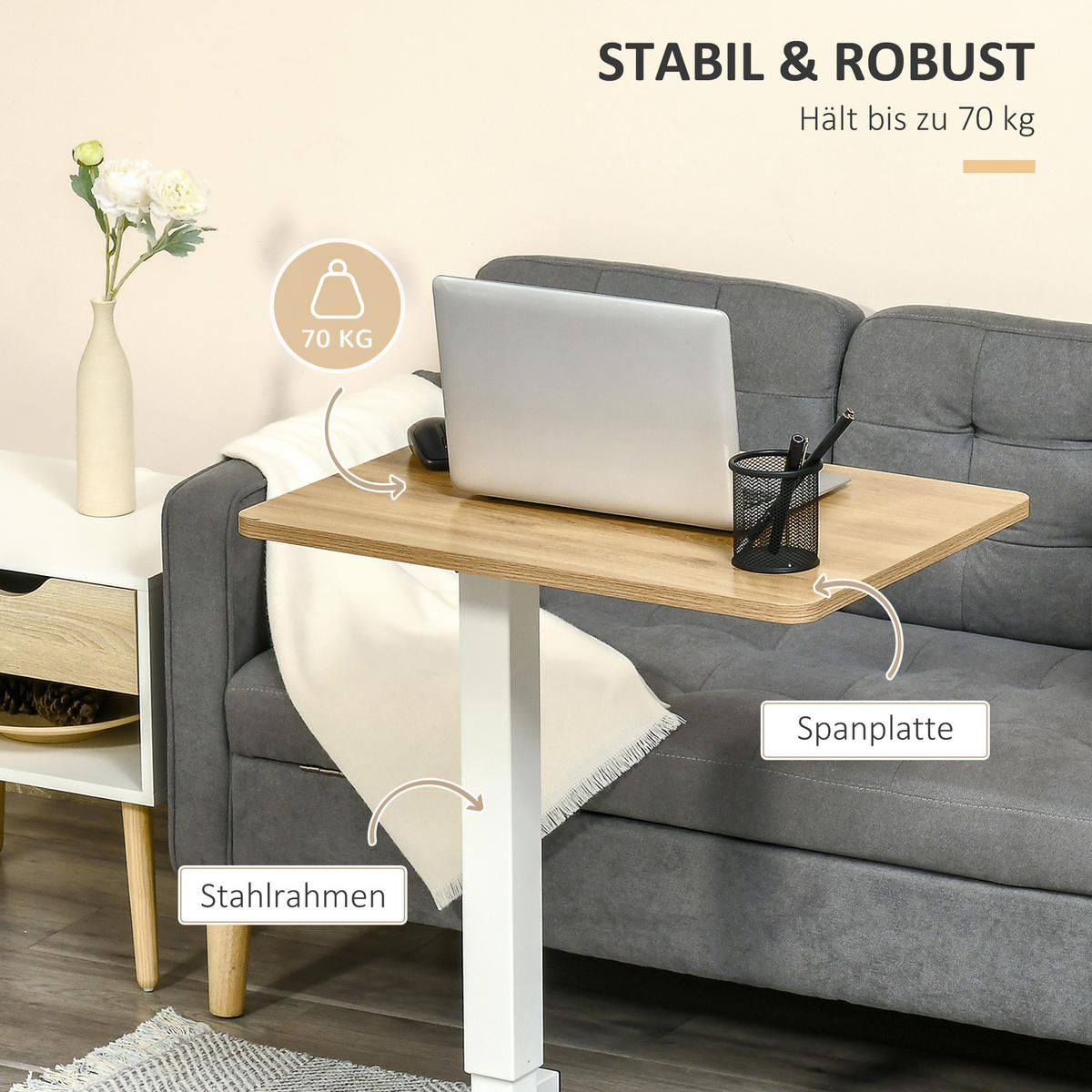SCHREIBTISCH Laptoptisch mit Gaslift Höhenverstellbar C-Form Beweglich bis 70kg - Naturfarben, Kunststoff (65/48/110cm) - HOMCOM