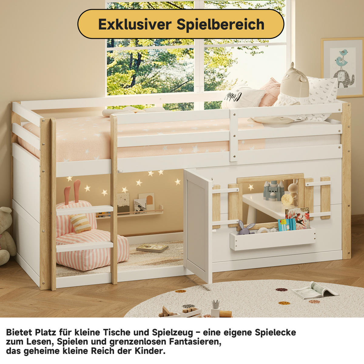ETAGENBETT 90/200 cm weiß aus Massivholz mit Leiter und Spielfläche - Weiß, Holzwerkstoff (90/200cm) - OKWISH