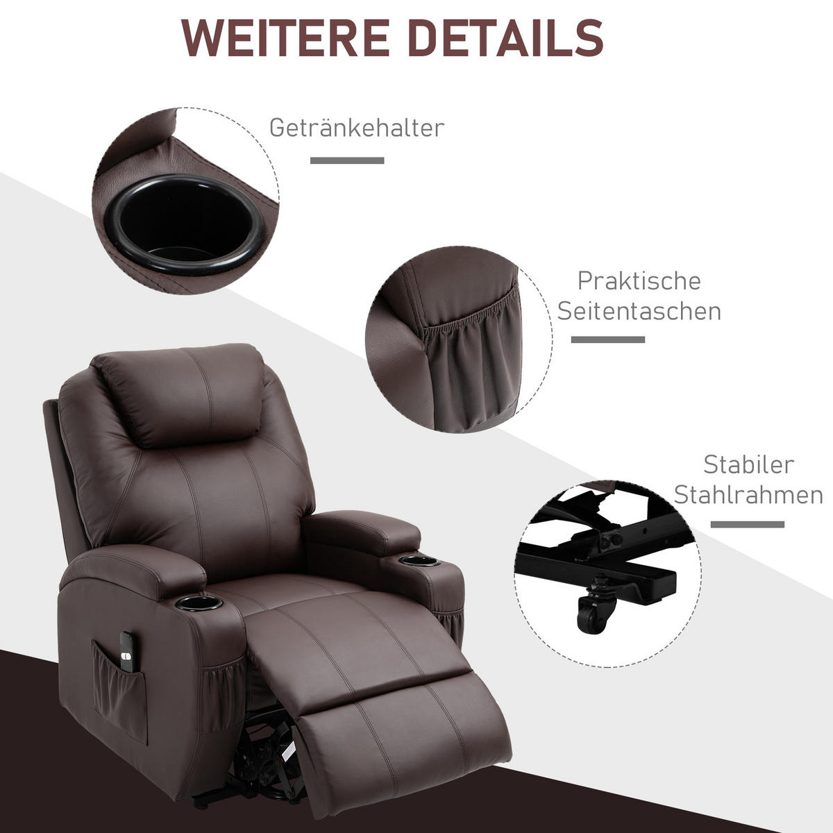 SESSEL mit Aufstehhilfe Aufstehsessel Fernsehsessel Kunstleder Kaffee-Braun - Schwarz/Braun, Leder/Kunststoff (92/109/85cm) - HOMCOM