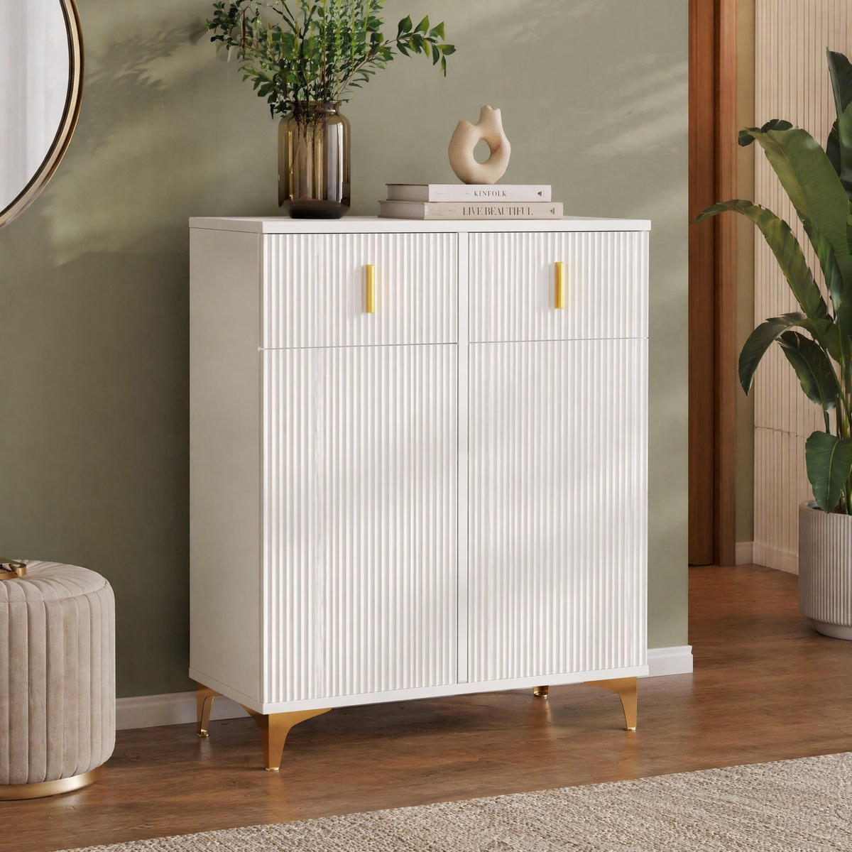 SIDEBOARD in Weiß mit Strukturpaneelen, verstellbaren Einlegeböden und Schubladen für Wohzimmer, B83/T35/H101cm - Goldfarben/Weiß, Holzwerkstoff/Metall (82/101/35cm) - STILVORA