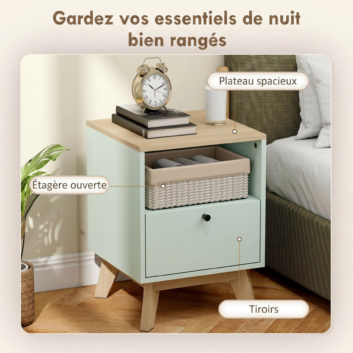 NACHTTISCH Eichenoptik Hellgrün MDF mit Schublade und offenem Fach 2er-Set - Hellgrün, Holzwerkstoff (40/55/40cm) - PANGIVO