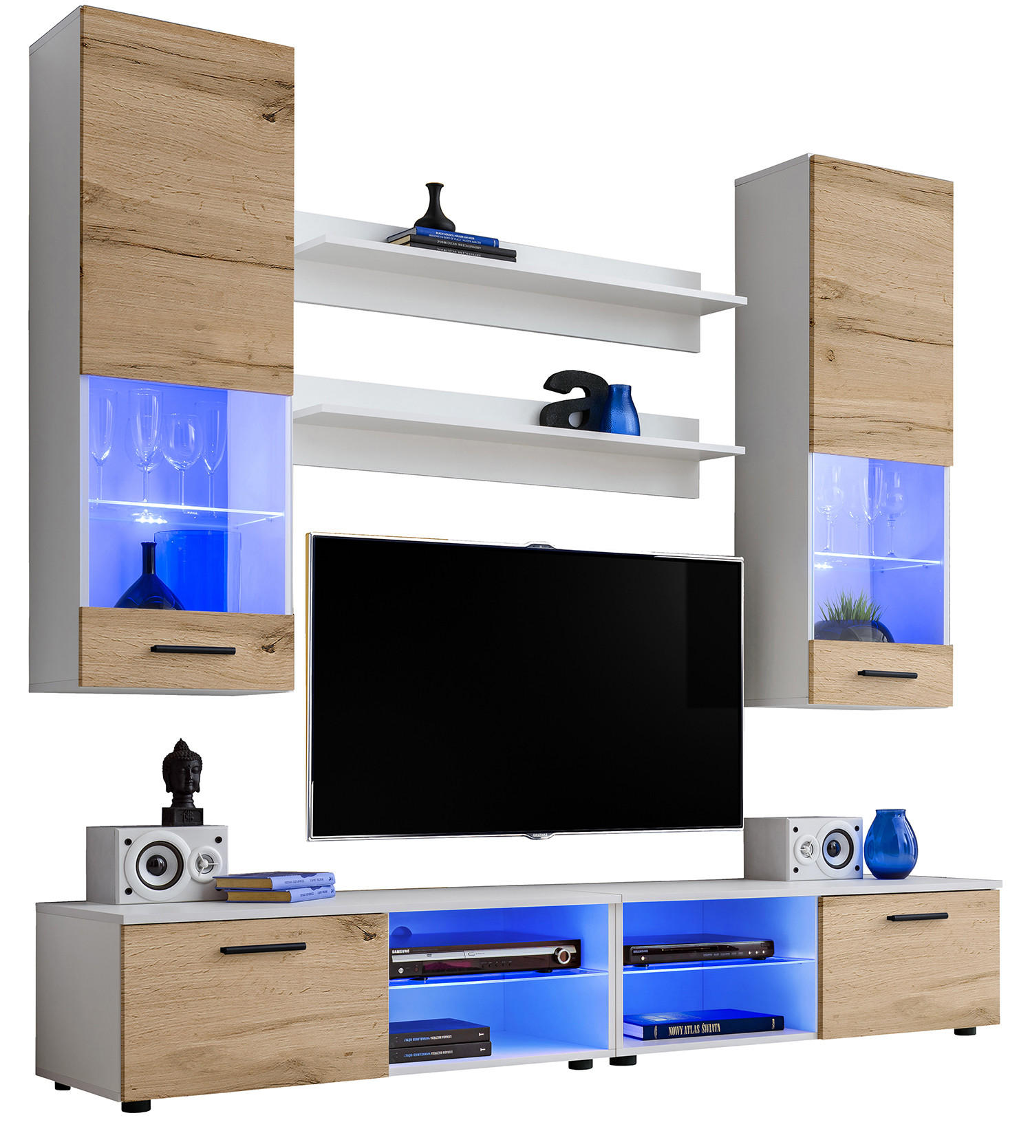 WOHNZIMMERSET VARALLO, 6er-Set, Weiß, Front Eiche Wotan , LED Blau - Eiche Wotan/Schwarz, Glas/Holzwerkstoff (200/190/45cm) - Komodee