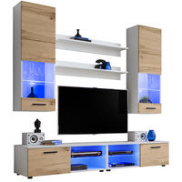 WOHNZIMMERSET VARALLO, 6er-Set, Weiß, Front Eiche Wotan , LED Blau - Eiche Wotan/Schwarz, Glas/Holzwerkstoff (200/190/45cm) - Komodee