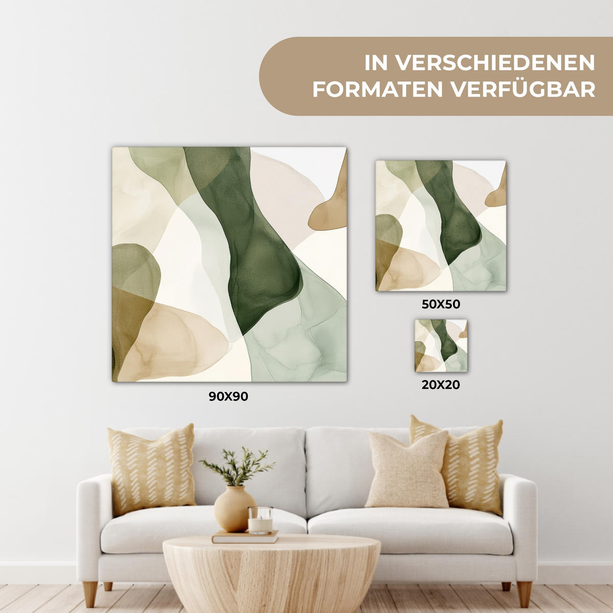 LEINWANDBILD Japandi - Abstrakt - Grün 90x90 cm - Salbeigrün, Textil (90/90cm) - MuchoWow