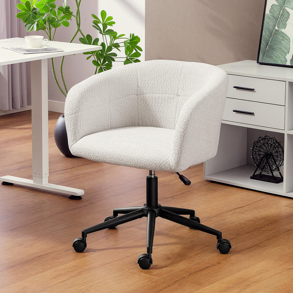 GEPOLSTERTER Bürostuhl mit Plüschbezug, Wannen-Design, rollbarer Schreibtischstuhl, Stahlbasis, Creme+Schwarz - Creme, Textil (59/85/65cm)