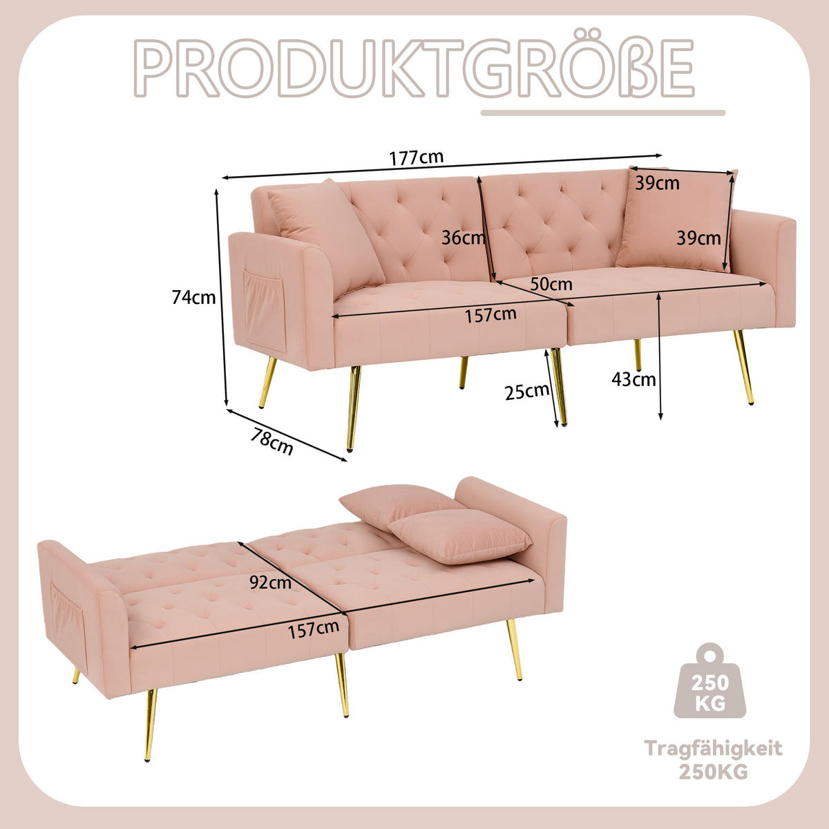 SCHLAFSOFA 177/78/74 cm in Pink Samt mit Aufbewahrungstasche - Rosa, Textil (78/74/177cm) - Oxeza
