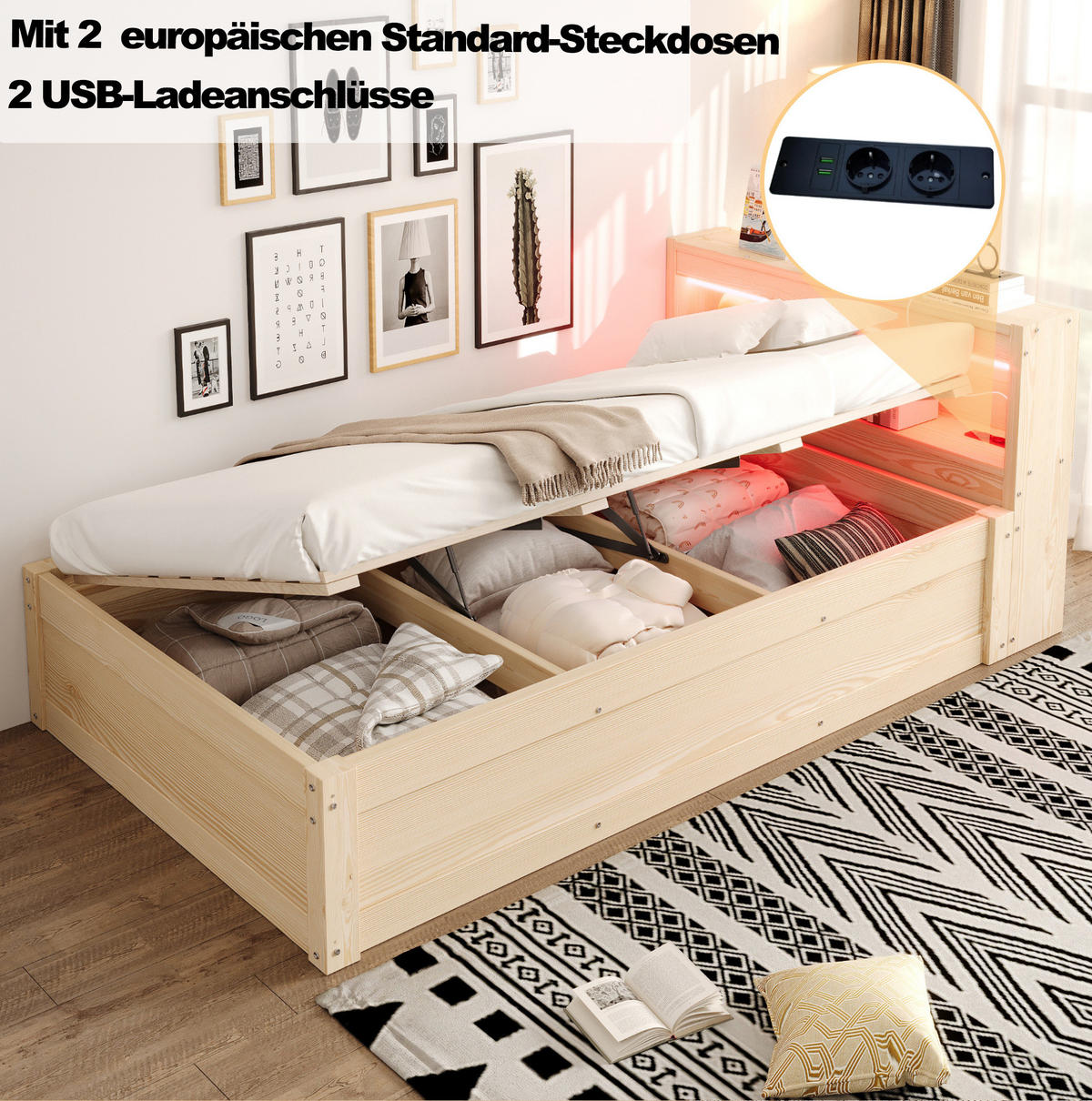 EINZELBETT aus Kiefernholz 90x200 cm Holzfarben mit hydraulischem Stauraum, LED-Beleuchtung und Steckdose - Naturfarben, Holzwerkstoff (90/200cm) - IVMEU