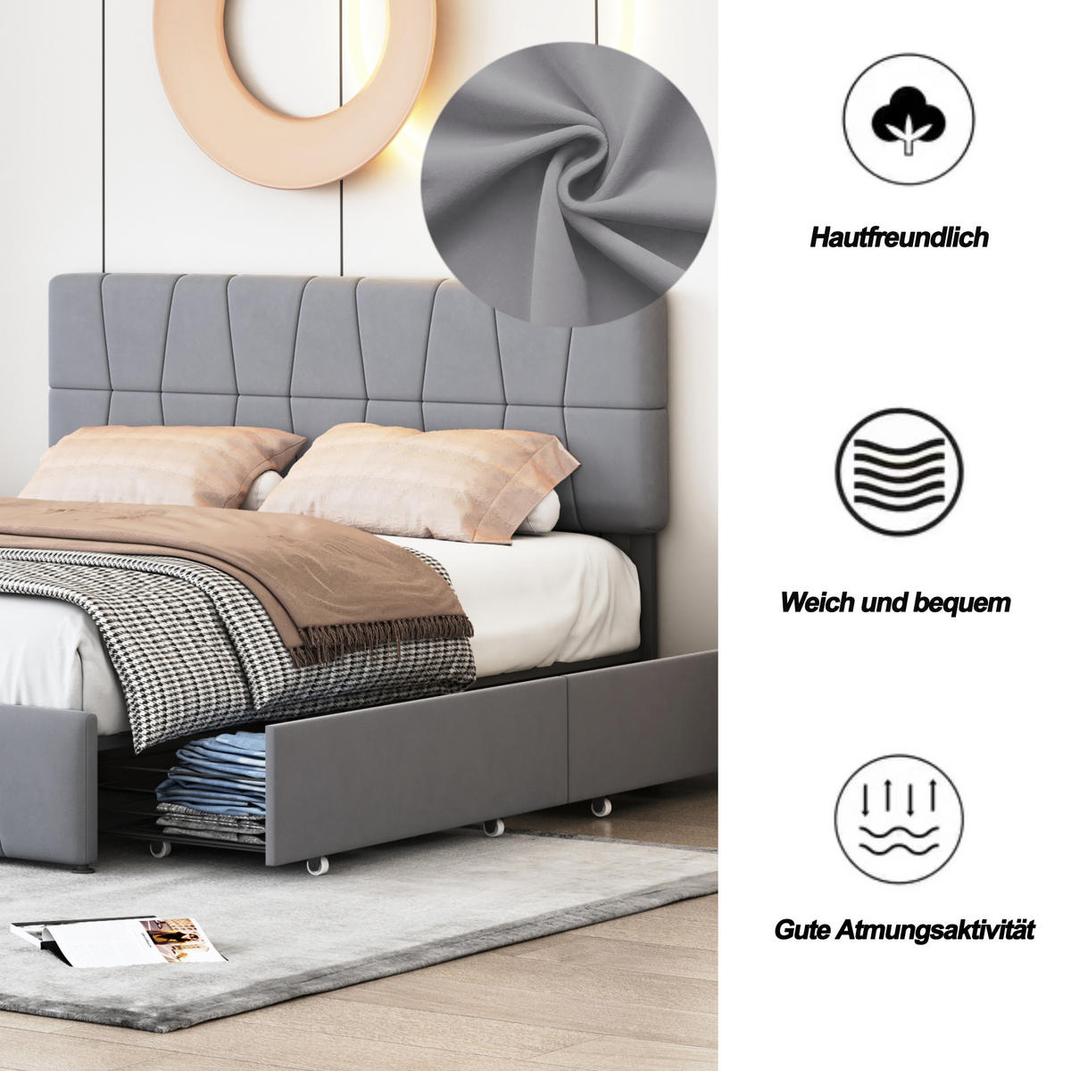 POLSTERBETT,DOPPELBETT 160/200 cm,Bettgestell Grau mit 4 Schubladen ohne Matratze - Naturfarben/Grau, Holz/Textil (160/200cm) - PARAFTA HOME