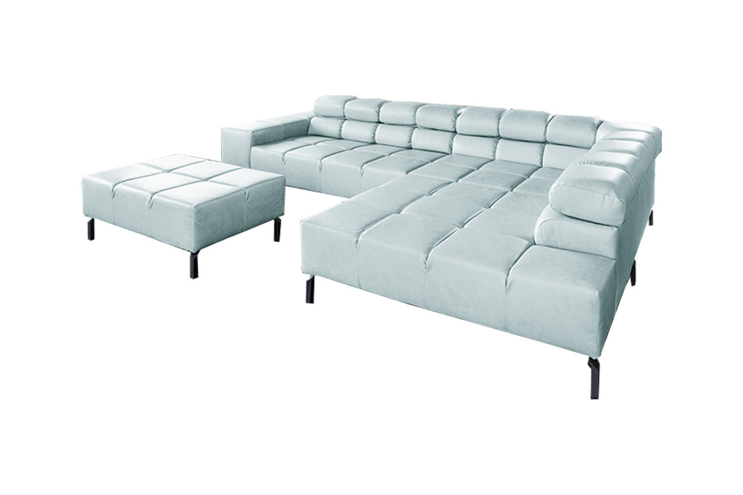 ECKSOFA NELSON Hellblau Leder - Schwarz/Hellblau, Leder/Metall (321/216cm) - KAWOLA