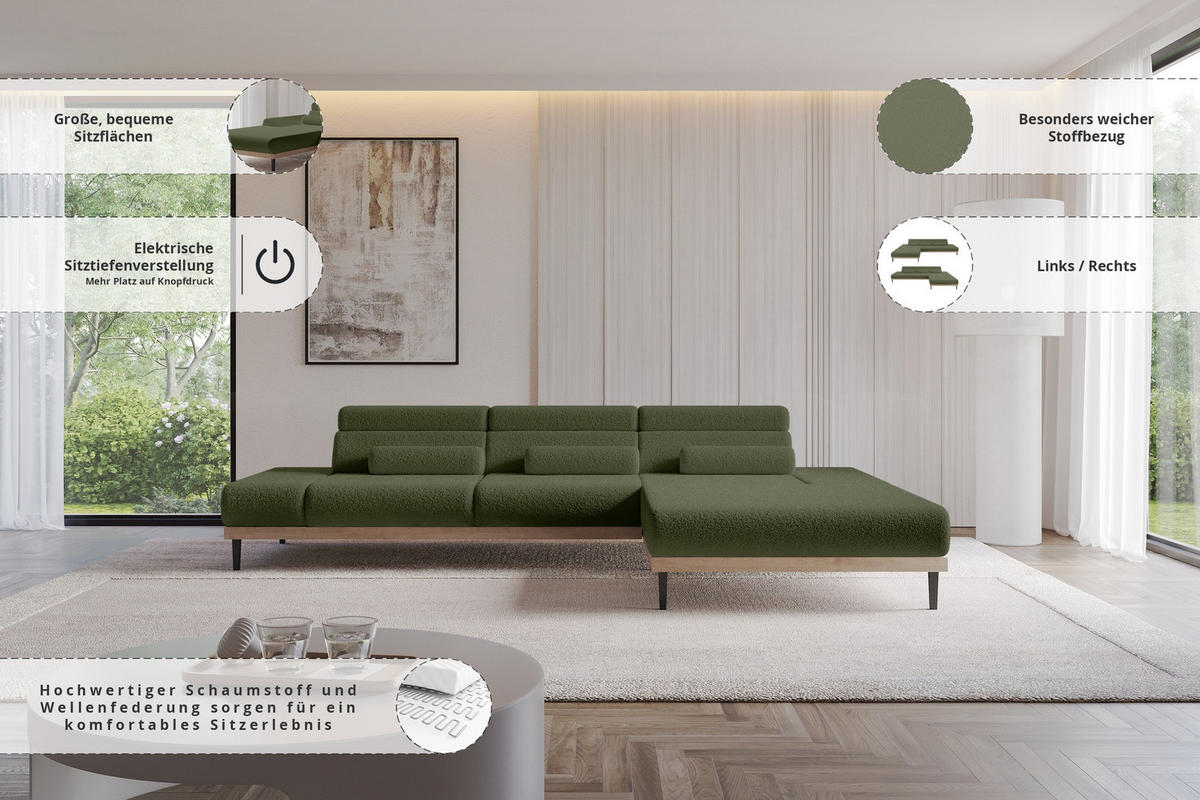 ELEKTRISCHES ECKSOFA Rechts MONA 316x205x85 Grün Bouclé - Olivgrün/Grün, Holzwerkstoff/Textil (316/205cm) - ALTDECOR