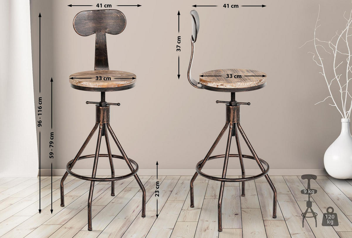 BARHOCKER Holz bronze - Bronzefarben, Holz/Metall (41/96/41cm) - CLP