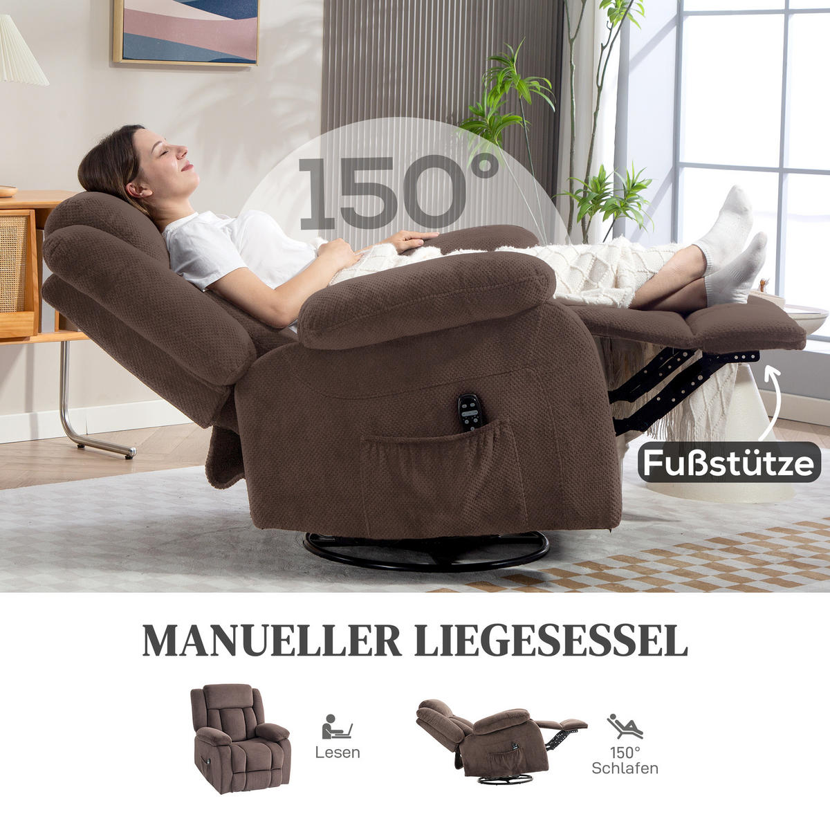 MASSAGESESSEL DE-06384 8 Vibrationspunkte, 150° neigbar Braun - Braun, Textil/Metall (92/102/92cm) - ComfortXL