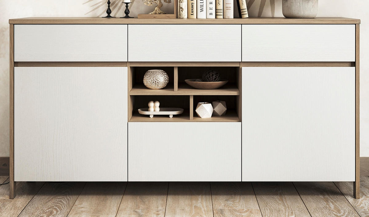 SIDEBOARD weiß und Eiche, Kommode skandinavisch 164 cm mit Soft-Close, Finnes - Eichefarben/Weiß, Holzwerkstoff/Metall (164/85/39cm) - Furn.Design