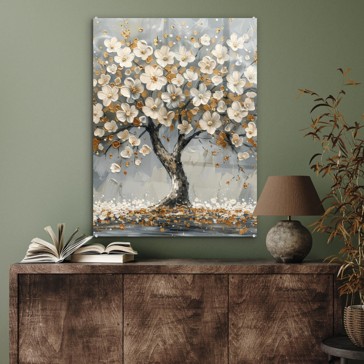 ACRYLGLASBILD Baum - Blumen - Weiß - Natur - Kunst 60x80 cm - Weiß, Glas (60/80cm) - MuchoWow