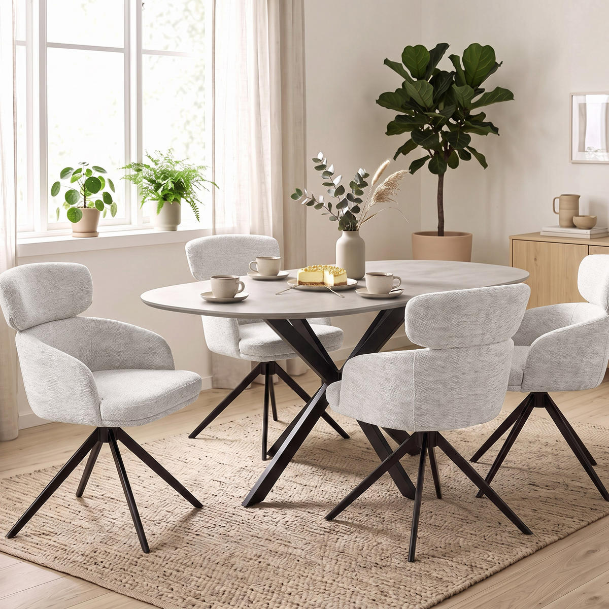 DREHSTUHL Tuso, Polsterstuhl mit Armlehnen und Kopfstütze, Bouclé-Stoff, Hellbeige - Beige/Schwarz, Metall (49/81/55cm) - Beautysofa