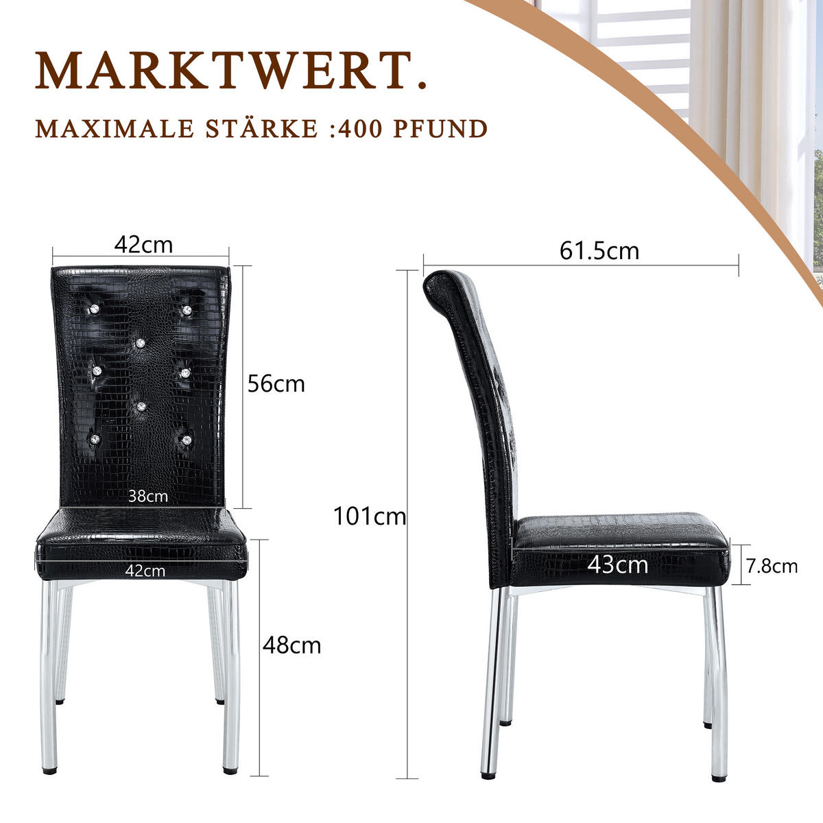 STUHL-SET DE-36775 2 Stück mit Krokodil-Prägung und Kristallknopf-Details Schwarz - Schwarz, Metall (42/101/61.5cm) - ComfortXL