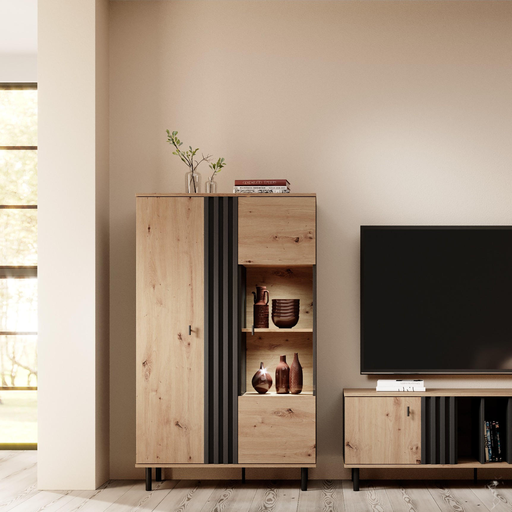 Thumbnail - Masseno Vitrine, Anthrazit, Holzwerkstoff, 90.1x148.8x40 cm, Wohnzimmer, Wohnwände, Vitrinenschränke