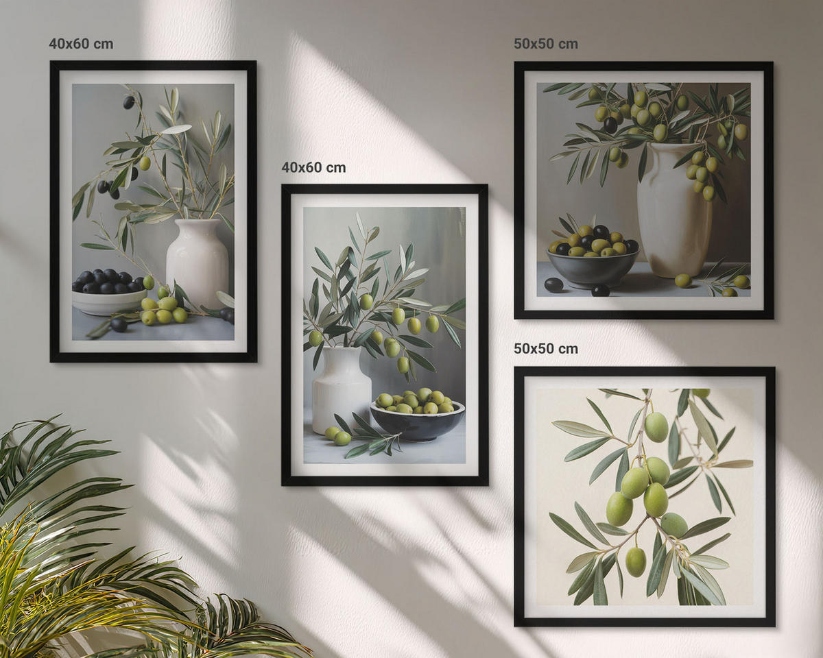 WANDBILDER 4er-Set - 50x50 cm & 40x60 cm Schwarzer Rahmen - Oliven in grauen Vasen - Schwarz, Kunststoff (50/50cm) - ArtPrintCave