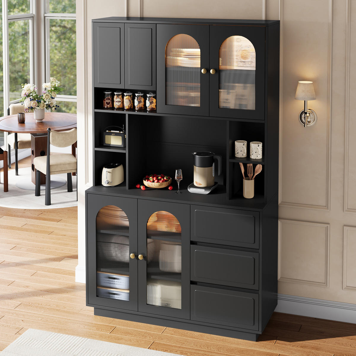 GESCHIRRSCHRANK LED Bogen Türen Acryltüren - Schwarz, Holzwerkstoff (106/175/30cm) - FLIEKS