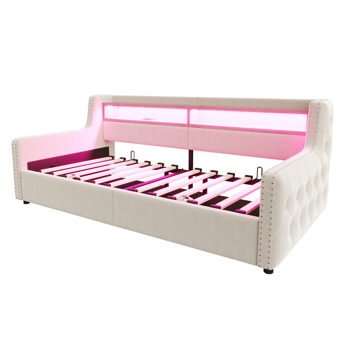 SCHLAFSOFA 90/200 cm mit LED, USB-C, Steckdose, Bettkasten und Lattenrost, Samt, Beige - Beige, Textil (104/81/216cm) - Redom