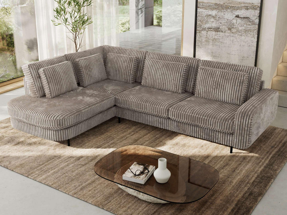 ROHOVÁ SEDAČKA CALENO L - Světle hnědá Manšestr - Pravá Strana - černá/světle hnědá, kov/textil (317/225cm) - MKS