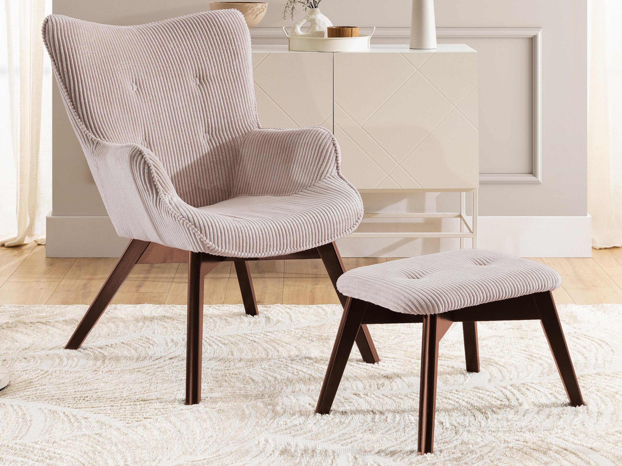 LOUNGESESSEL mit Fußhocker Lenari Puderrosa Cordstoff mit Füßen in Braun - Hellrosa/Braun, Holz/Textil (71/96/86cm) - S-Style Möbel