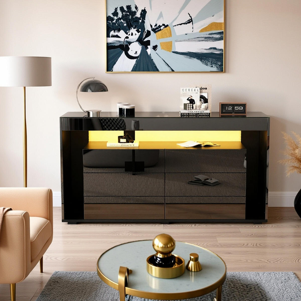 SIDEBOARD mit 6 Schubladen und LED-Beleuchtung - Schwarz, Holzwerkstoff (140/70/40cm) - Urban Meuble