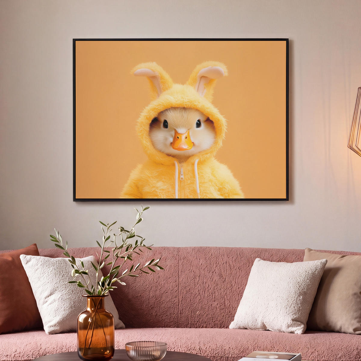 LEINWAND Bilder mit Rahmen - Osterhase - Kostüm - Ente - 100x70 - Gelb, Textil (100/70cm) - MuchoWow