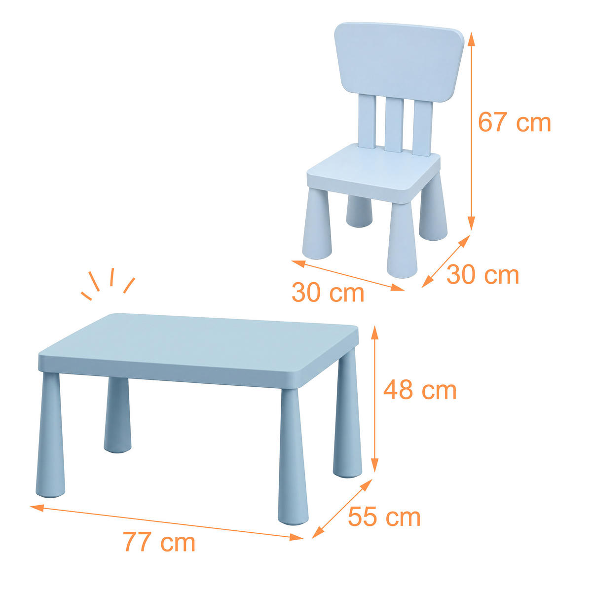 SESTAVA Modrá 3dílný-set dětský stůl 2 židle plast - modrá, plast (77/48/55cm) - Relaxdays