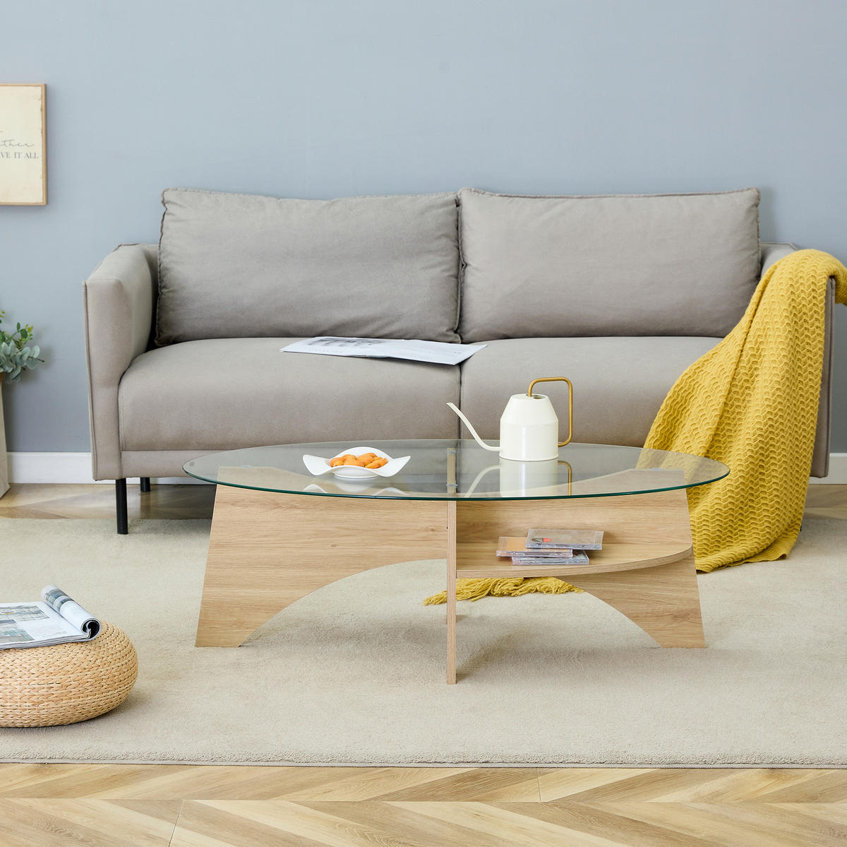 COUCHTISCH 104,9/60/45 cm mit Sicherheitsglas, Ablagefach und ovalem Design, Transparent, Holzfarben - Transparent, Glas (104.9/60/45cm) - Redom