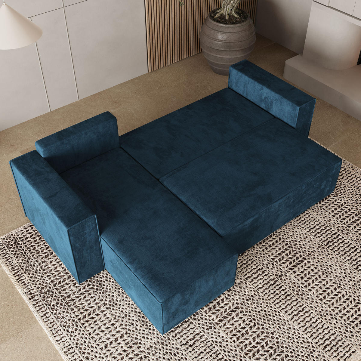 ROHOVÁ SEDAČKA RAVELO modrá - šedá/modrá, dřevo/textil (240/140cm) - MASSENO