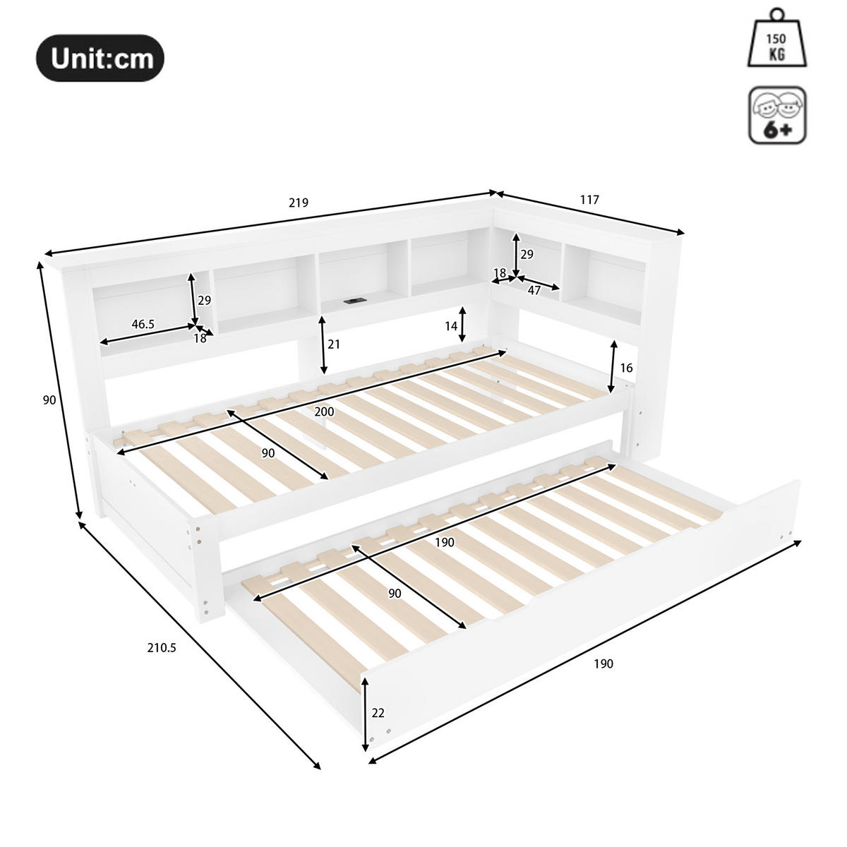 MULTIFUNKTIONSBETT 90/200 cm mit ausziehbarem Rollbett und 2 USB-Anschlüssen Weiß - Weiß, Holz - OKWISH