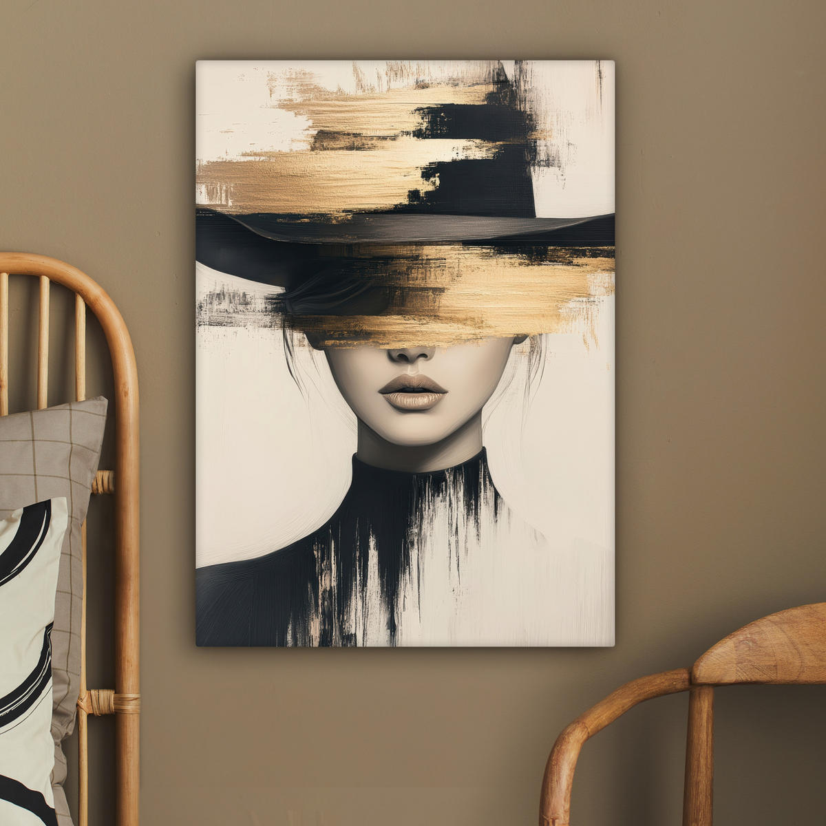 LEINWANDBILD Frau - Hut - Farbe 60x80 cm - Goldfarben, Textil (60/80cm) - MuchoWow