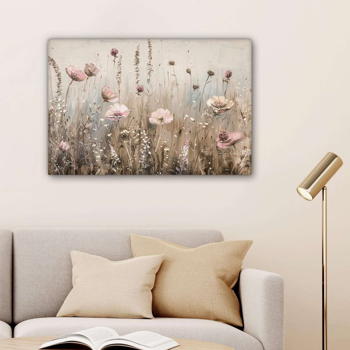 LEINWANDBILD Blumen - Rosa - Modern - Beige 90x60 cm - Beige, Textil (90/60cm) - MuchoWow