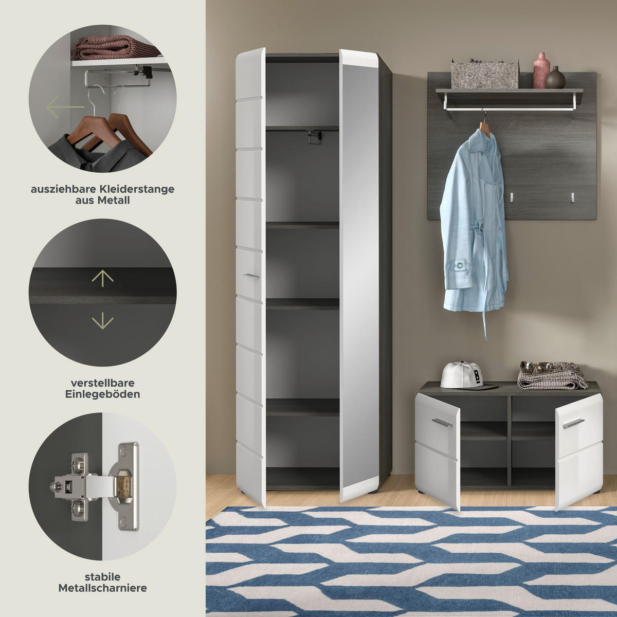 GARDEROBENKOMBINATION Salsa 155x192x37 cm Rauchsilber Weiß 3tlg. - Silberfarben, Holz (155/192/37cm)