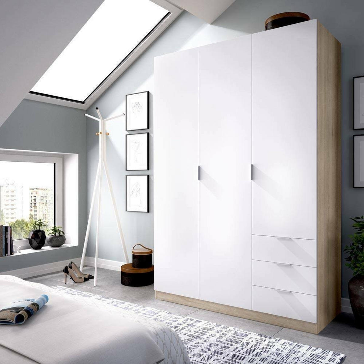 KLEIDERSCHRANK 3 TÜREN Weiß, Eiche 52/121/180 cm - Weiß, Holzwerkstoff (121/180/52cm) - DMORA