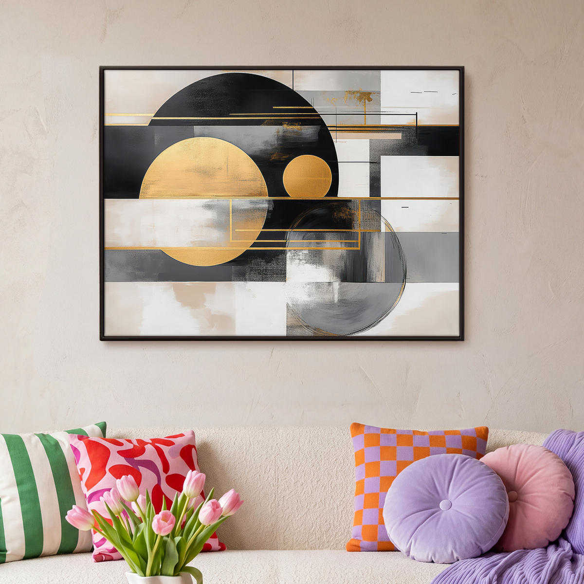 LEINWAND Bilder mit Rahmen - Abstrakt - Gold - Silber - Formen - Ästhetisch - Modern - 100x70 - Goldfarben, Textil (100/70cm) - MuchoWow