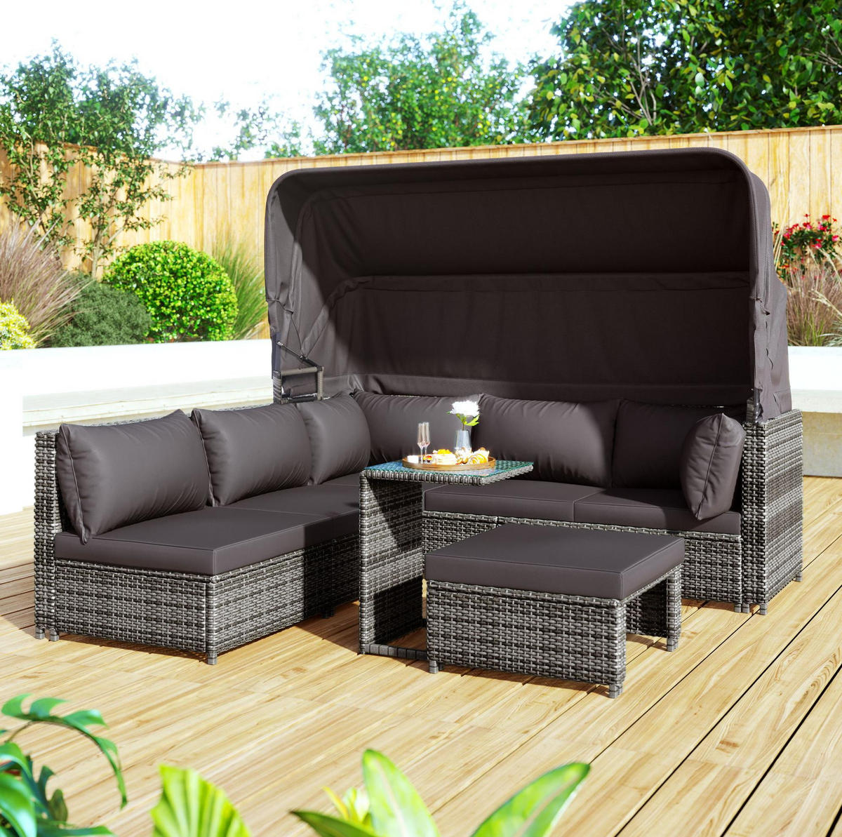 GARTENMÖBEL 194x70x157cm grau aus Rattan mit Markise - Grau, Kunststoff - Modfu